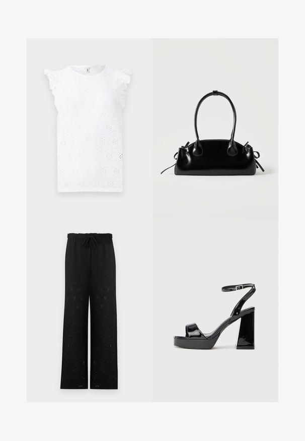 Haut blanc sans manches avec motifs floraux en œillet et détails à volants aux épaules sur fond uni.; Pantalon noir à jambes larges avec taille élastiquée et cordon noué, présentant un motif floral œillet discret sur l’ensemble.; Sandale plateforme en cuir verni noir avec un gros talon haut et une boucle à la cheville sur fond blanc.; Petit sac à main noir brillant avec deux longues anses et des détails à cordon sur les côtés sur un fond clair uni.