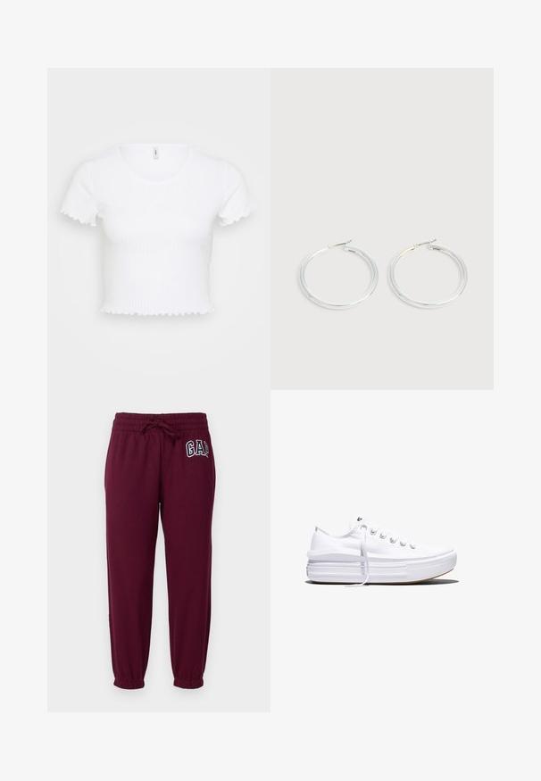 Top court blanc à côtes avec des manches courtes, présentant un décolleté rond et des bords festonnés aux manches et à l'ourlet. Texture lisse.; GAP Petite HERITAGE - Pantalon de survêtement - ruby wine; Baskets basses blanches en toile avec semelle plateforme épaisse, lacets sur le devant et embout en caoutchouc texturé, vues de profil.; Paire de boucles d'oreilles créoles argentées brillantes avec fermoirs en fil fin, présentée sur un fond gris clair.