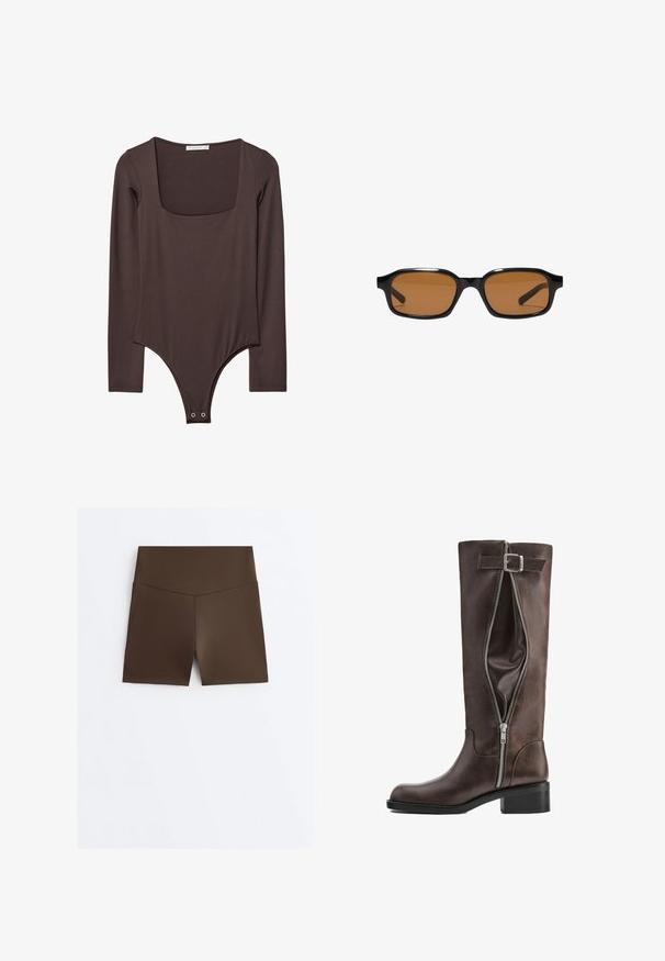 Bruine lange mouwen bodysuit met vierkante halslijn en drukknoopsluiting bij het kruis, gemaakt van een gladde, rekbare stof.; Bruine, hooggetailleerde, nauwsluitende sportshorts met een V-vormig naaddetail bij de tailleband, weergegeven op een witte achtergrond.; Hoge donkerbruine leren laars met een gedeeltelijk open zijrits en een decoratieve gespband dicht bij de bovenkant.; Zwarte rechthoekige zonnebril met dikke monturen en bruin getinte glazen, getoond van voren op een witte achtergrond.