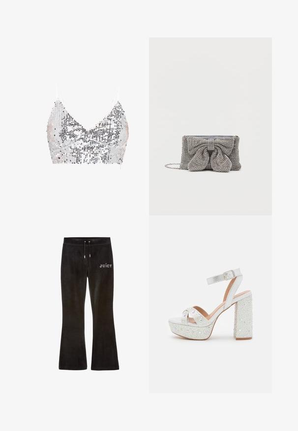 Zilverkleurige top met pailletten en dunne witte bandjes, met een V-halslijn en een textuur die ontstaat door afwisselende pailletten.; Zwarte velours broek met een uitlopende pijpdesign. Beschikt over een trekkoord in de taille en het woord "JUICY" in rhinestones aan de voorkant. Zachte textuur.; Witte plateausandalen met een metallic afwerking, voorzien van twee gekruiste banden, een enkelband en een blokhak versierd met fonkelende edelstenen.; Sprankelende grijze handtas met een gestructureerd oppervlak, voorzien van een grote strikaccent aan de voorkant en een kettingband. Compact rechthoekig van vorm.