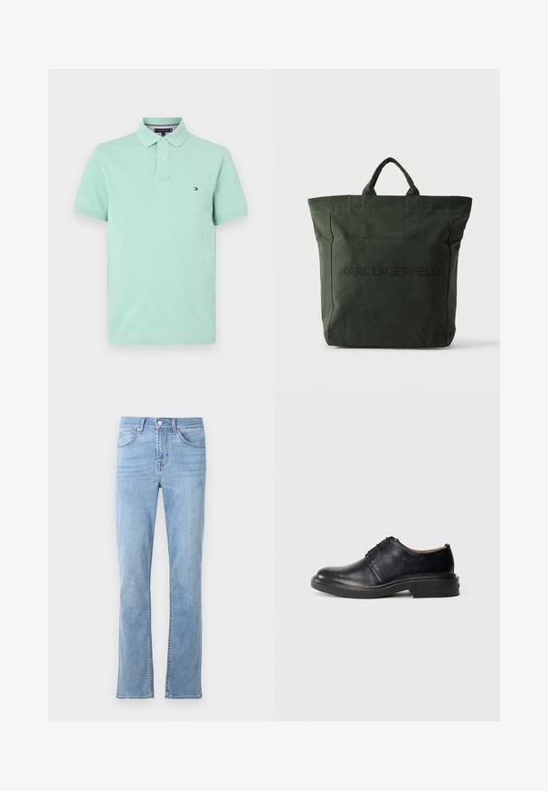 Hellgrünes Polohemd aus Baumwolle mit klassischem Kragen, zwei Knöpfen an der Knopfleiste und kleinem Logo auf der linken Brustseite.; Helle blaue, gerade geschnittene Jeans aus Baumwoll-Denim. Verfügt über fünf Taschen, einen frontalen Knopfverschluss und dezente Steppdetails.; Schwarze Leder-Oxfords mit runder Zehenpartie, Schnürung an der Vorderseite und niedrigem, gestapeltem Absatz vor einem schlichten, hellen Hintergrund.; Dunkelgrüne Canvas-Umhängetasche mit kurzen Griffen und dem Schriftzug "KARL LAGERFELD" mittig auf der Vorderseite vor weißem Hintergrund.