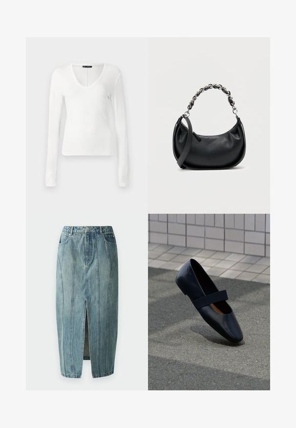 Langärmliges weißes Oberteil aus Rippstoff, mit tiefem V-Ausschnitt und figurbetontem Design, mit nahtlosen Kanten und glatter Textur.; Copenhagen Muse JEANNE SKIRT - Jeansrock - medium dirty washed denim; Schwarze Leder-Ballerina mit runder Zehenpartie, ausgestattet mit einem weichen schwarzen Elastikband über dem Vorderfuß. Glatte Textur und minimalistisches Design.; Schwarze Lederhandtasche mit abgerundeter Form, doppeltem Träger mit einer massiven silbernen Kette und einem Reißverschluss oben. Glatte Textur.