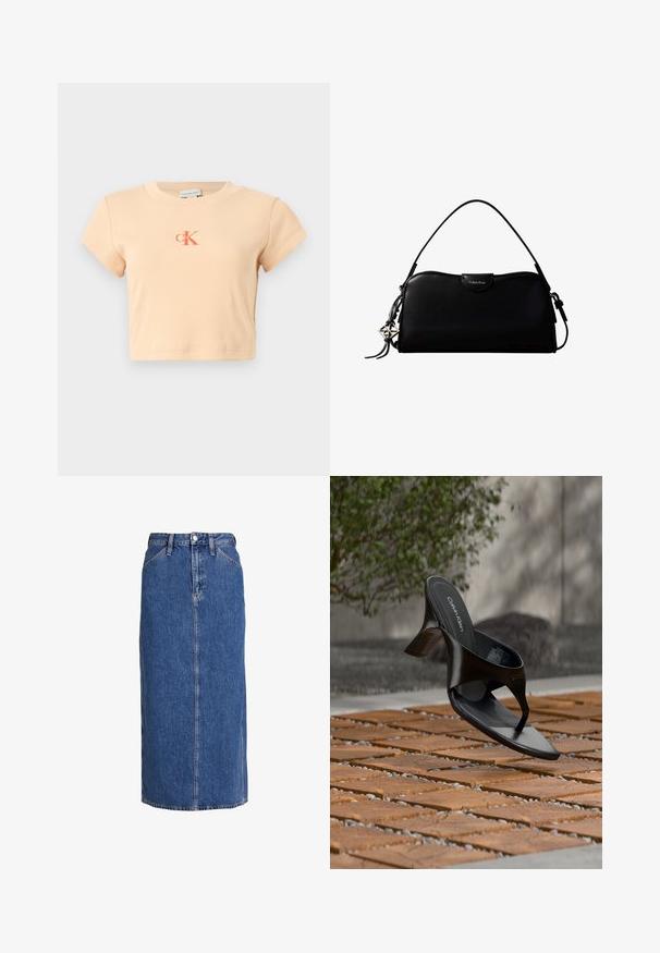 Licht perzikkleurig cropped t-shirt met korte mouwen, gemaakt van ribbed katoen, met een centraal logo in donkeroranje en minimale stikdetails.; Denim midi-rok in middelblauw met een rechte snit, voorste knoopsluiting, twee zijzakken en zichtbare stiksels voor textuur.; Zwarte Calvin Klein hoge hak teenslipper die zweeft boven een betegeld buitenterrein met groen en een betonnen muur op de achtergrond.; Zwarte rechthoekige Calvin Klein handtas met enkele bovenriem, zilveren logo-ornament en een kleine klepsluiting aan de voorkant.