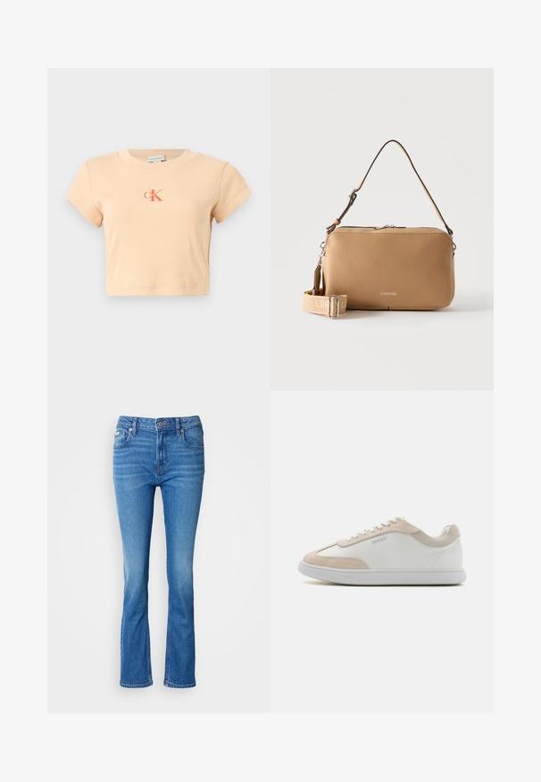 Svetloružový krátky crop top s krátkymi rukávmi vyrobený z rebrovanej bavlny, s centrálnym logom v tmavšej oranžovej farbe a minimálnymi detailmi šitia.; Modré denimové rozšírené džínsy s stredne vysokým pásom, s klasickým päť-pocket dizajnom a jemne vyblednutou textúrou na kolenách.; Biele kožené tenisky s béžovými semišovými akcentmi a bielymi šnúrkami. Majú okrúhlu špičku a mäkkú podrážku pre pohodlie.; Hnedá kožená kabelka Calvin Klein s nastaviteľným popruhom a strieborným zipsom, zobrazená na bielom pozadí.