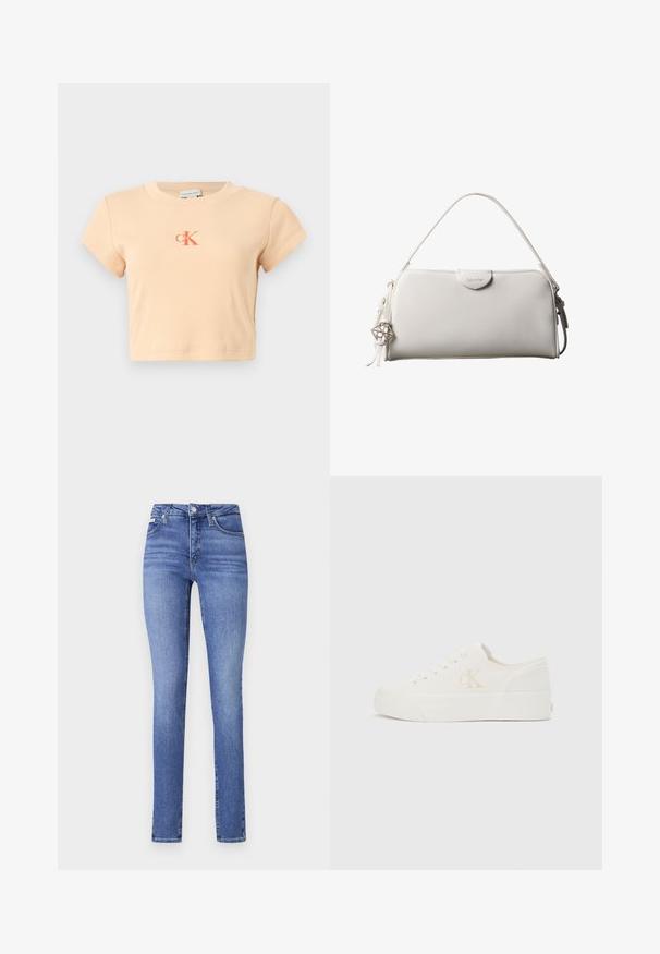 Svetloružový krátky crop top s krátkymi rukávmi vyrobený z rebrovanej bavlny, s centrálnym logom v tmavšej oranžovej farbe a minimálnymi detailmi šitia.; Džíny so vysokým pásom, slim-fit, z svetlomodrého denimu, s piatimi vreckami, jemným vyblednutím a klasickým zapínaním na gombík a zips.; Biela nízka teniska s hrubou podrážkou a bočným logom "cK", šnurovaním vpredu a minimalistickým dizajnom na neutrálnom pozadí.; Biela obdĺžniková kabelka Calvin Klein s jedným rúčikom, minimalistickým dizajnom a dekoratívnymi strapcami s geometrickým kovovým príveskom na boku.