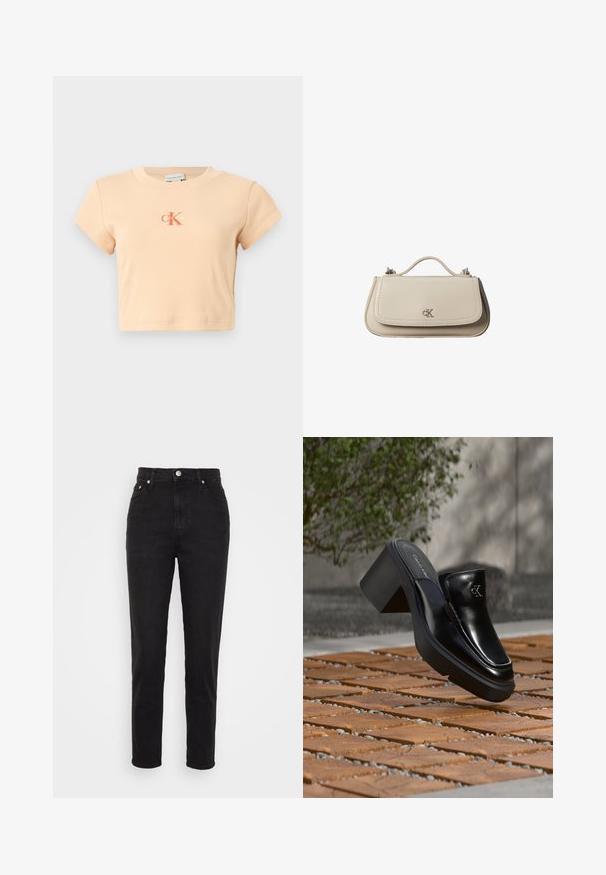 Svetloružový krátky crop top s krátkymi rukávmi vyrobený z rebrovanej bavlny, s centrálnym logom v tmavšej oranžovej farbe a minimálnymi detailmi šitia.; Čierne vysoké slim-fit džínsy so zapínaním na gombík vpredu, pútkami na opasok a dizajnom s piatimi vreckami na bielom pozadí.; Čierne kožené šľapky Calvin Klein s blokovým podpätkom, ktoré oddychujú na drevených dlaždiciach vonku blízko zelenej rastliny a šedej steny.; Malá béžová kožená kabelka s horným držadlom a strieborným logom CK na prednej chlopni, zobrazená na bielom pozadí.