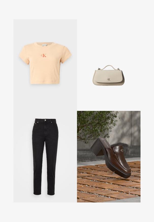 Svetloružový krátky crop top s krátkymi rukávmi vyrobený z rebrovanej bavlny, s centrálnym logom v tmavšej oranžovej farbe a minimálnymi detailmi šitia.; Čierne vysoké slim-fit džínsy so zapínaním na gombík vpredu, pútkami na opasok a dizajnom s piatimi vreckami na bielom pozadí.; Hnedý kožený Calvin Klein šľapák na podpätku vznášajúci sa nad prírodnou dlažbou s rozmazanou zelenou rastlinou a stenou v pozadí.; Malá béžová kožená kabelka s horným držadlom a strieborným logom CK na prednej chlopni, zobrazená na bielom pozadí.