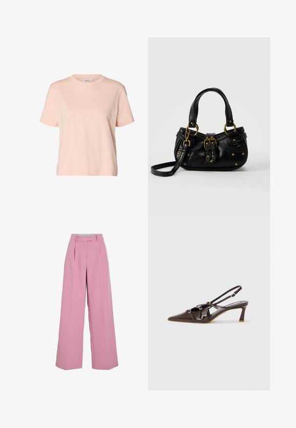 Lyserød kortærmet cropped t-shirt med rund halsudskæring og lille label indeni kraven.; Lyserøde bukser med vide ben, frontplisser, taljebånd med bæltestropper og skjult frontlukning.; Brune patenteret læder slingback hæl med spids tå, justerbare stropper og dekorative spænder foran. 3-tommers hælhøjde.; Sort læderhåndtaske med guldbælge og nitdetaljer, korte håndtag og en justerbar skulderrem på en ensfarvet hvid baggrund.