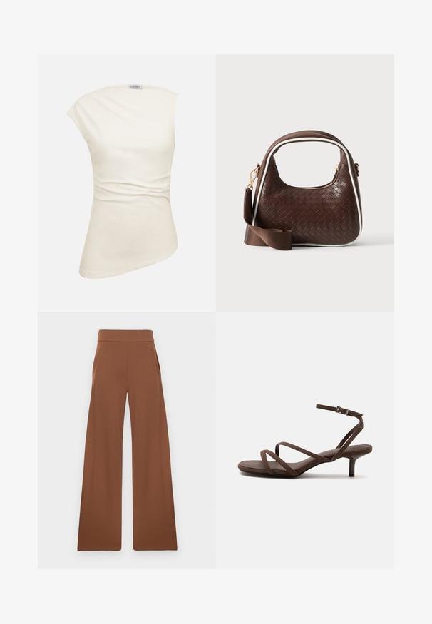 Haut asymétrique sans manches de couleur crème, avec une texture subtile et un léger froncement à la taille, étiqueté "ANNA FIELD" au niveau du col.; Pantalons larges marron en tissu lisse et extensible. Dotés d'une taille haute et de poches latérales, conçus pour une coupe décontractée.; Sandale marron à talons hauts avec fines lanières croisées et bride de cheville avec boucle argentée sur fond blanc.; Sac à main en cuir tressé marron avec passepoil blanc, fermeture éclair dorée et bandoulière amovible en tissu marron.