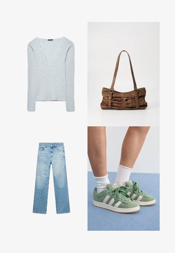Lysegrå ribstrikket sweater med V-hals og blonderkant. Lange ærmer og let cropped længde. Blød tekstur, afslappet design.; Lyseblå denim jeans med lige pasform, der har et falmet blomstermønster foran, fem lommer og en knaplukning i taljen.; Grønne ruskindsneakers med hvide striber. Har runde snørebånd, en struktureret tungen og et rundt logo på tungen.; Even&Odd Håndtasker - brown