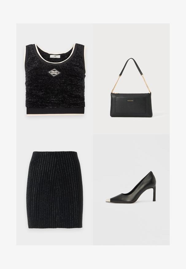 Čierny textúrovaný bezrukávový crop top s krémovým lemom a centrálnou diamantovo tvarovanou nášivkou s nápisom "Elisabetta Franchi".; Čierna pletená mini sukňa s vertikálnym ryhovaním a jemnými kovovými vláknami. Má priliehavý strih a stredný zadný rozparok pre pohodlný pohyb.; Čierna kožená lodička s vysokým opätkom, špičkou a kovovou striebornou špičkou. Má hladký povrch a štíhly 10 cm opätok.; Čierna kožená kabelka s textúrou kamienkov, zlatým reťazovým popruhom a prednou vreckou. Na prednej strane sa nachádza zlaté logo.