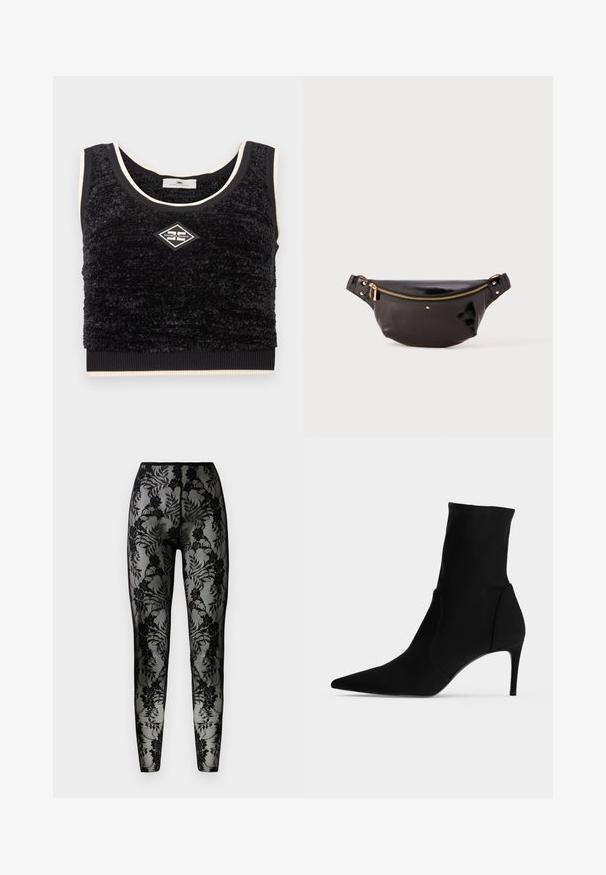 Haut court sans manches noir texturé avec bordure crème et écusson logo en forme de losange centré avec l'inscription "Elisabetta Franchi".; Leggings en dentelle noire avec un motif floral, en tissu transparent, et une coupe ajustée, dotés d'une taille lisse et d'ourlets fermés.; Bottine noire à bout pointu et talon haut et fin, présentée de profil sur fond clair. Design épuré et minimaliste.; Fanny pack en cuir noir et brillant avec un design courbé, accent en zip doré, sangle réglable et petit matériel décoratif.
