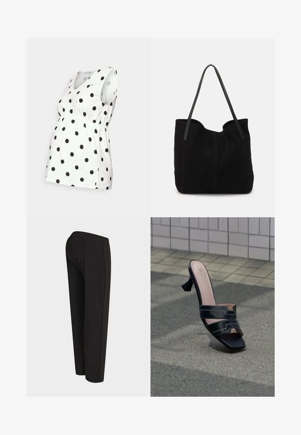 Anna Field MAMA Top - off-white; Schwarze gerade Hose, auf einer Schaufensterpuppe von hinten gezeigt, mit hohem Bund und schlichtem, unverziertem Design.; Schwarzer offener Zeh-Pumps mit Doppelriemen und quadratischer Spitze auf strukturiertem Pflaster vor einer gefliesten Wand.; Schwarze Wildleder-Umhängetasche mit zwei langen, flachen Ledergriffen. Sie verfügt über eine gewölbte obere Kante und sichtbare Nähte auf der Vorderseite. Keine Hardware-Details.