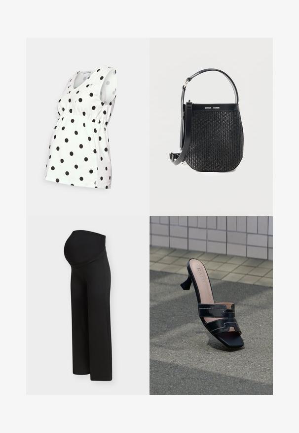 Anna Field MAMA Top - off-white; Pantalones de maternidad negros con una cintura alta y elástica diseñada para soportar el vientre de una mujer embarazada, mostrados sobre un fondo claro y liso.; Zueco negro de tacón abierto con doble tira y punta cuadrada sobre pavimento texturizado contra un fondo de pared con azulejos.; Bolso tejido negro con base redondeada, ribete de cuero, correa de hombro ajustable y logo de la marca Samsøe Samsøe en la banda superior.