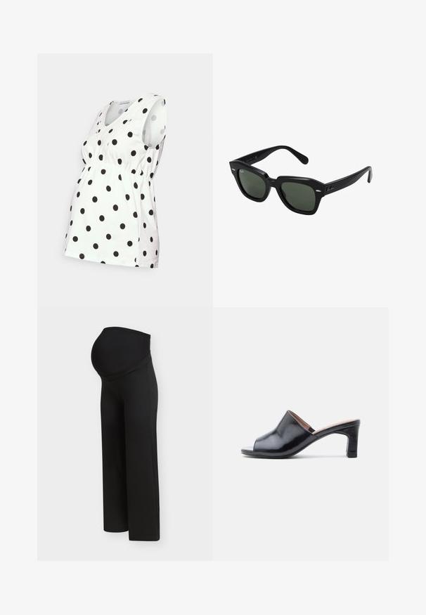 Anna Field MAMA by Zalando Débardeur - off-white; Pantalon de maternité noir avec une taille haute et extensible conçue pour soutenir un ventre de femme enceinte, présenté sur un fond clair uni.; Mules en cuir noir à bout ouvert avec un design courbé, un petit talon carré et une texture lisse. Accents semblables au bois sur le talon.; Lunettes de soleil carrées noires avec des verres vert foncé, présentant des montures audacieuses et des accents argentés sur les côtés. Fabriquées en Italie.