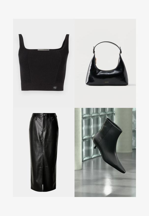 Čierny rebrovaný crop top so širokými ramienkami, štvorecovým výstrihom a priliehavým strihom. Obsahuje malú logo nášivku vľavo dole.; Čierna kožená midi sukňa so striedmym strihom, predným rozparkom a klasickým dizajnom s piatimi vreckami a kovovými detailmi.; Čierna kožená členková čižma so špicatou špičkou a nízkym kitten podpätkom, zobrazená šikmo na pozadí leštenej podlahy a steny zo sklenených blokov.; Čierna lesklá kabelka Calvin Klein so zlatým zipsom a krátkym remienkom na bielom pozadí.