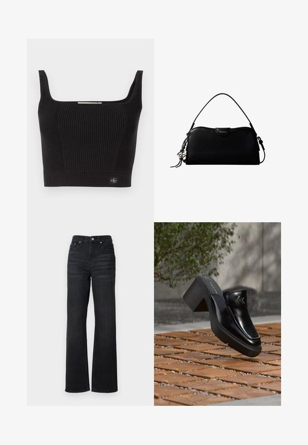 Čierny rebrovaný crop top so širokými ramienkami, štvorecovým výstrihom a priliehavým strihom. Obsahuje malú logo nášivku vľavo dole.; Čierne riflové široké nohavice s vysokým pásom, dizajnom s piatimi vreckami a strieborným kovovým gombíkom. Látka má hladkú textúru a jemný elastický pocit.; Čierne kožené šľapky Calvin Klein s blokovým podpätkom, ktoré oddychujú na drevených dlaždiciach vonku blízko zelenej rastliny a šedej steny.; Čierna obdĺžniková kabelka Calvin Klein s jedným horným remienkom, strieborným logom príveskom a malým preklopeným zapínaním na prednej strane.