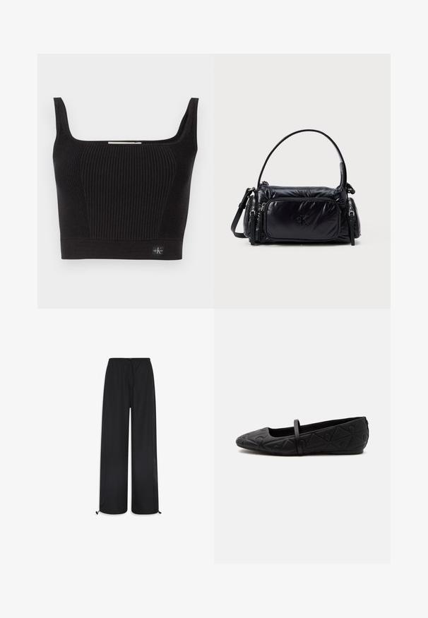 Sort ribbet crop top med brede stropper, firkantet udskæring og tætsiddende design. Har et lille mærke nederst til venstre.; Sorte brede bukser lavet af letvægtsstof. De har en elastisk talje med snøre og justerbare manchetter ved sømmene.; Sort flad sko med rundet tå, præget geometrisk mønster og en enkelt tynd rem tværs over toppen, vist i sideprofil.; Sort nylon håndtaske med et puffet design, rund skulderrem, frontlomme med lynlås og et subtilt logo prentet på forsiden.