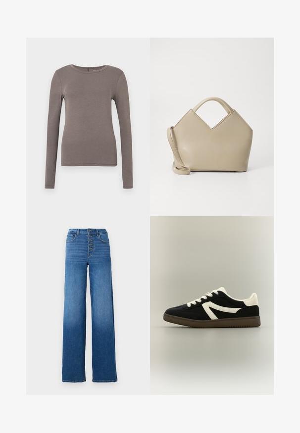 Top met lange mouwen van een zachte, gedempte bruine stof, met een ronde halslijn en een aansluitend silhouet zonder extra patronen of accenten.; Brede blauwe denim jeans met een hoge taille en vijf knopen. Kenmerkt zich door klassieke stiksels en een nette zoom.; Zwart-witte sneaker met een suède-achtige textuur, een laag profiel, platte veters en een rubberen zool met een patroon voor grip.; Beige gestructureerde handtas met een V-vormige bovenkant, van glad leder, korte handvatten en een lange verstelbare schouderriem. Minimalistisch ontwerp.