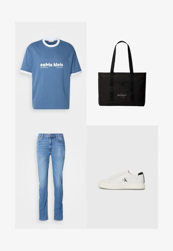 Modrá bavlnená tričko s bielym rebrovaným golierom a manžetami na rukávoch. Na prednej strane sa nachádza logo "calvin klein" a text "West 39th Street New York City".; Pánske modré denimové džínsy so strihom na rovno, prednými a zadnými vreckami a malou značkou Calvin Klein pri prednom pravom vrecku.; Biele kožené tenisky s okrúhlou špičkou, plochou gumovou podrážkou a čiernym akcentom na päte. Na boku sa nachádza výrazné čierne logo Calvin Klein.; Čierna taška Calvin Klein typu tote s dvoma dlhými rúčkami a predným vreckom, s logom značky v bielej a sivej farbe.