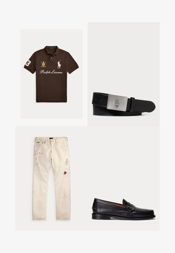 Bruine polo met kraag, met witte tekst "Ralph Lauren", een wit polo-speler logo, een gouden wapen en nummer 3 op de linker mouw.; Beige broek met voorzakken en riemlussen, met vervaagde rode en zwarte grafische prints en tekstontwerpen op beide benen.; Zwarte leren loafer met lage hak en penny-strap detail, van opzij getoond op een lichtgrijze achtergrond.; Zwarte leren riem met een rechthoekige zilverkleurige metalen gesp met een reliëf van een ruiterlogo, een gladde textuur en vijf riemgaten.
