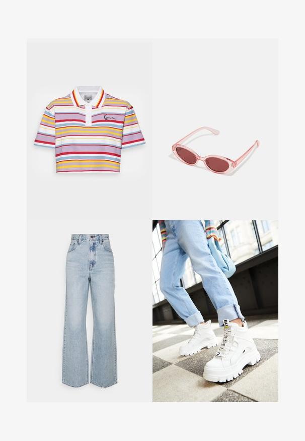 Polo shirt in het wit met horizontale strepen in rood, geel, blauw en lavendel. Heeft een kraag en korte mouwen.; Lichtblauwe denim broek met wijde pijpen, hoge taille, klassiek vijfzakkenontwerp en contrasterende stiksels. Rauwe zoom aan de onderkant.; Witte chunky sneakers met dikke zolen, veter-sluiting aan de voorkant en een merketiket. Draagt met lichtblauwe opgerolde jeans op een patroonvloer.; Roze transparante zonnebril met ovale lenzen, donkerrode tint en slanke pootjes, met een gladde afwerking en subtiele details op het frame.