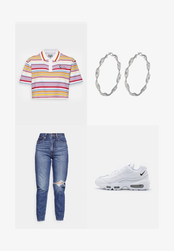 Polo shirt in het wit met horizontale strepen in rood, geel, blauw en lavendel. Heeft een kraag en korte mouwen.; Hoge taille blauwe denim jeans met een beschadigde knie, taps toelopende pijpen, een vijfzakkenontwerp en oranje stikselaccenten door het hele kledingstuk.; Nike Sportswear AIR MAX 95 - Sneakers laag - white/black; Zilveren ringoorbellen met een gedraaide ontwerp, met een gestructureerd oppervlak en een veilige sluiting. Lichtgewicht en reflecterend met een vloeiende afwerking.