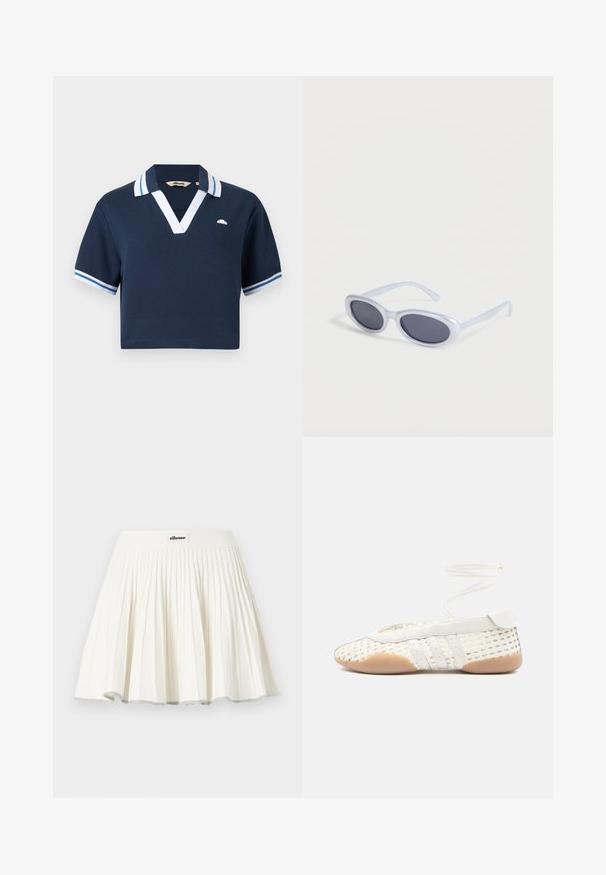 Polo à manches courtes bleu marine avec col et poignets rayés blanc et bleu clair, encolure en V profonde et petit logo sur le côté gauche de la poitrine.; Jupe de tennis plissée blanche avec une large ceinture arborant un petit patch logo ellesse au centre devant.; Chaussure blanche tissée avec une tige texturée, dotée d'un bout arrondi, d'accents en cuir blanc et d'une semelle en caoutchouc flexible. Lacets fins attachés.; Lunettes de soleil ovales à monture blanche avec des verres teintés foncés reposant sur une surface blanche.