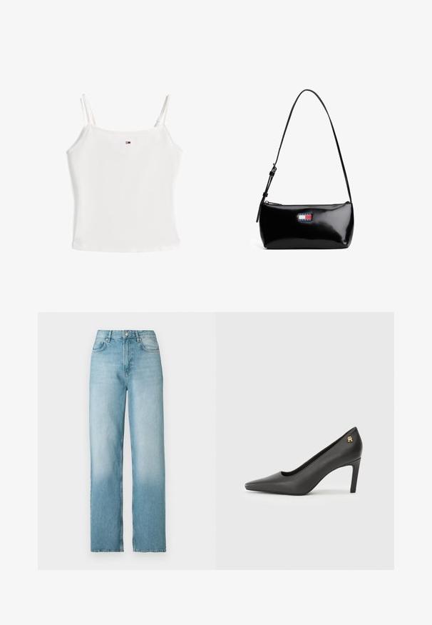 Simpel hvid tanktop med spaghetti-stropper og lille rektangulært logo centreret nær halsudskæringen.; Lyseblå høj talje straight-leg denimjeans med frontknap og lynlås, for- og baglommer, vist på hvid baggrund.; Sorte patentlærred højhælede pumpe med spids tå, prydet med et lille guldlogo på hælen. Glat tekstur, strømlinet design.; Sort patenteret læder skuldertaske med en buet rem, lynlåslukning og et rektangulært logo patch i rød, hvid og blå.