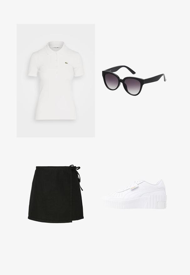 Camisa polo blanca hecha de tela de canalé, con cuello, tapeta de botones y un logo verde de Lacoste en el lado izquierdo del pecho.; Falda envolvente negra de algodón con cierre de lazo, de corte recto y dobladillo a mitad del muslo. Presenta una textura suave y un diseño minimalista.; Zapatillas de plataforma de cuero blanco con una suela de goma texturizada, parte superior perforada para mayor transpirabilidad y un detalle del logo en dorado en el lateral.; Gafas de sol negras en forma de ojo de gato con lentes grises degradados. Montura de plástico grueso y brillante, con brazos afilados. Sin marcas o adornos visibles.