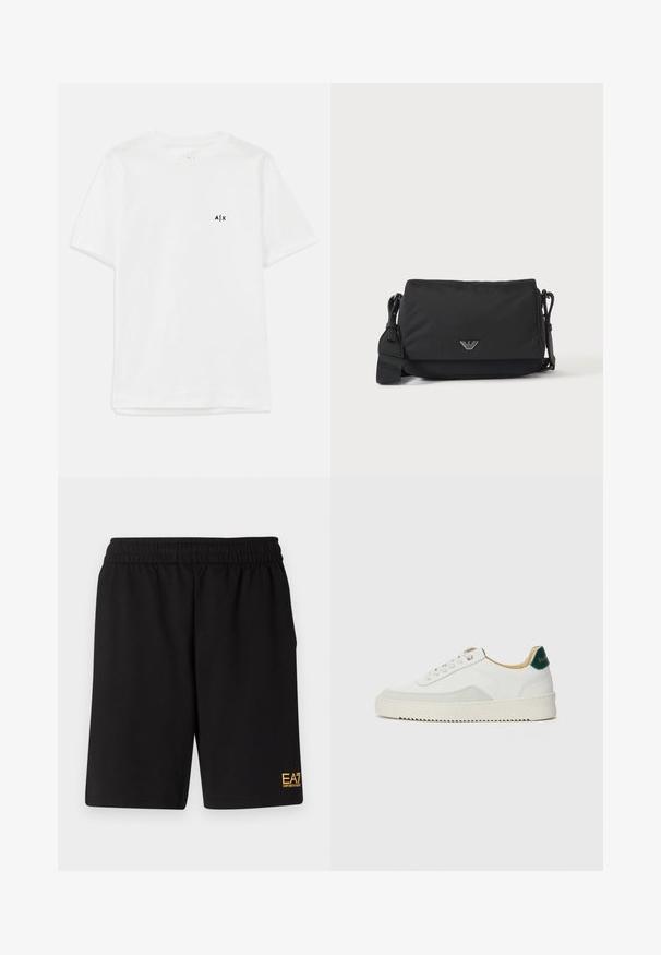 Witte katoenen t-shirt met korte mouwen en een ronde hals, met een klein zwart logo op de linkerborst. Glad textuur, eenvoudig ontwerp.; Zwarte sportshorts van zacht materiaal, met een elastische tailleband en een klein geel EA7-logo op de onderste linkeronderbroek.; Witte sneaker met suède accenten, ronde neus, platte veters en een crème rubberen zool. Bevat groene branding op de hiel.; Zwarte crossbodytas met verstelbare band en klein zilverkleurig logo-embleem op de voorflap, afgebeeld op een effen lichte achtergrond.