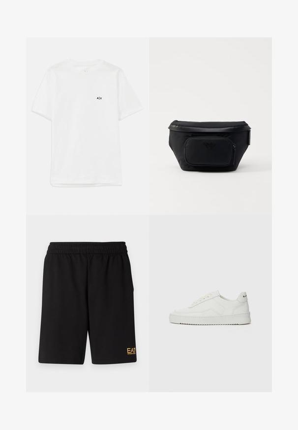 Hvid bomulds t-shirt med korte ærmer og rund halsudskæring, prydet med et lille sort logo på venstre bryst. Glat tekstur, enkel design.; Sorte atletiske shorts lavet af blødt stof, med en elastisk talje og et lille gult EA7-logo nederst på venstre ben.; Hvide lædersneakers med en glat overflade, rund tå, flade snørebånd og en tekstureret sål. Har et diskret logo på hælen.; Sort nylon taske med en frontlomme med lynlås, der har en glat overflade og et logo som accent. Struktureret design med fold-over top.