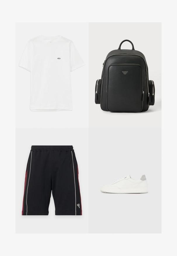 Hvid bomulds t-shirt med korte ærmer og rund halsudskæring, prydet med et lille sort logo på venstre bryst. Glat tekstur, enkel design.; Sorte shorts lavet af blødt stof, med maroon sidelængder, hvid piping og et lille hjerte-logo ved kanten. Elastisk talje for komfort.; Hvid lavtop-sneaker med gråt hælflig, hvide snørebånd og tekstureret sål, vist på en ensfarvet lys baggrund.; Sort rygsæk med sølvfarvede lynlåse, for- og sidelommer samt et lille sølvfarvet Armani ørnelogo midt på fronten.