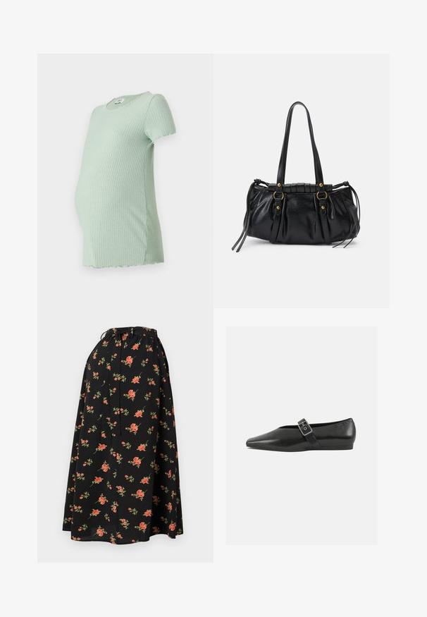 T-shirt de maternité vert menthe à côtes, à manches courtes, avec un col rond et un ourlet courbé, conçu pour le confort pendant la grossesse.; Jupe noire à motifs floraux avec une taille à cordon, ornée de motifs de fleurs rouges et vertes, et d'une texture légère et fluide.; Chaussure plate en cuir noir avec un orteil pointu, présentant une sangle à boucle métallique sur le cou-de-pied et une semelle basse et flexible.; Sac à main en cuir noir avec une forme arrondie, deux poignées, des accents en matériel décoratif et des détails de liens sur les côtés. Texture lisse et brillante.