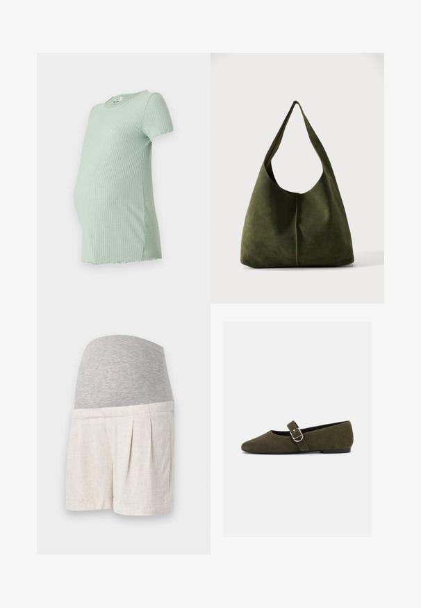 T-shirt de maternité vert menthe à côtes, à manches courtes, avec un col rond et un ourlet courbé, conçu pour le confort pendant la grossesse.; Shorts de maternité en lin beige clair, avec une taille élastique gris et des plis pour le confort et la flexibilité.; Chaussure plate Mary Jane en daim vert olive avec bride à boucle argentée et bout arrondi, présentée sur fond blanc.; Grand sac bandoulière souple en daim vert olive avec une large sangle et une forme douce et non structurée sur un fond uni.