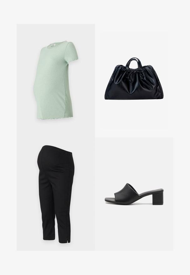 Camiseta de maternidad de color verde menta, de canalé, con mangas cortas, cuello redondo y dobladillo en curva, diseñada para la comodidad durante el embarazo.; Pantalones de stretching negros con cintura elástica, de largo cortado y aberturas laterales en los dobladillos para facilitar el movimiento. Textura suave.; Mulas de tacón cuadrado de cuero negro con punta abierta, que presentan una superficie lisa y una parte superior ligeramente curvada para mayor comodidad y estilo.; Bolso de mano de piel negra con parte superior fruncida, asas dobles cortas y cierre con cordón anudado en el centro delantero sobre un fondo blanco.