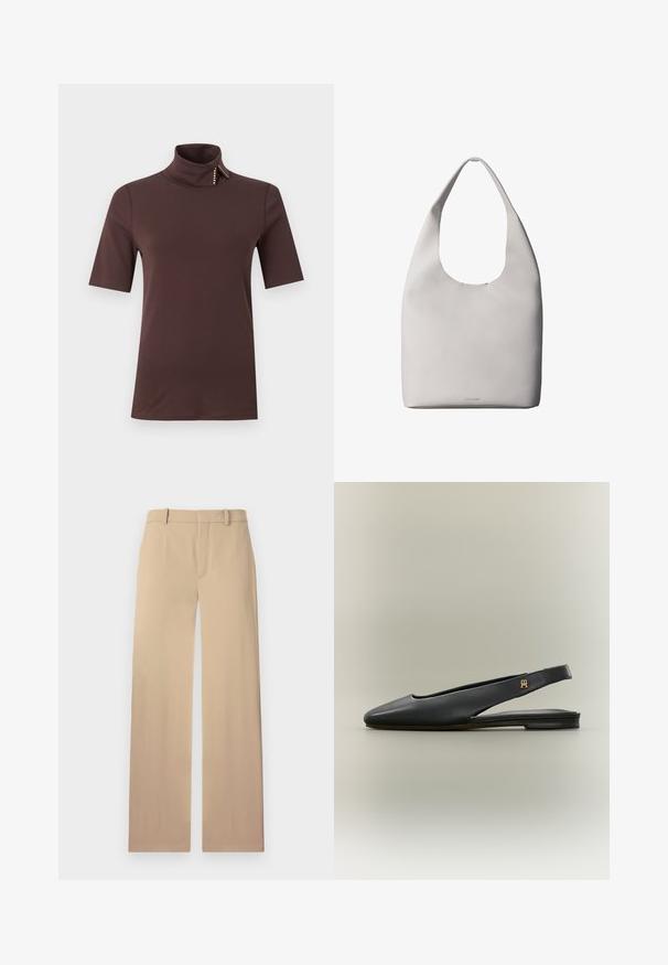 Top marrón de manga corta con cuello alto, pequeño dobladillo y detalle de botón de perla en el cuello.; Pantalones beiges de tejido suave, con un diseño de pierna recta, trabillas para cinturón y un sutil pliegue en la parte delantera para mayor estructura.; Zapato plano negro de cuero con tira trasera, punta afilada y acento de logo dorado en la tira, mostrado sobre un fondo neutro.; Bolso tote de cuero blanco con una sola correa para el hombro, textura suave y logo discreto de Calvin Klein cerca del centro inferior.