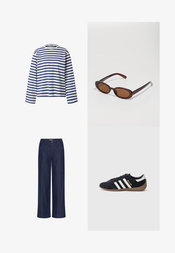 EDITED VERLEE - T-shirt à manches longues - weiß blau; ICHI IHFlared - Jean flare - dark blue; Baskets en daim noir avec trois bandes blanches, semelle en caoutchouc beige, et un petit logo doré sur le côté. Dotées d'une doublure intérieure noire lisse.; Lunettes de soleil rondes teinte brun avec une monture bordeaux brillante. Branches fines avec un détail de marque subtil. Design de verres plats.
