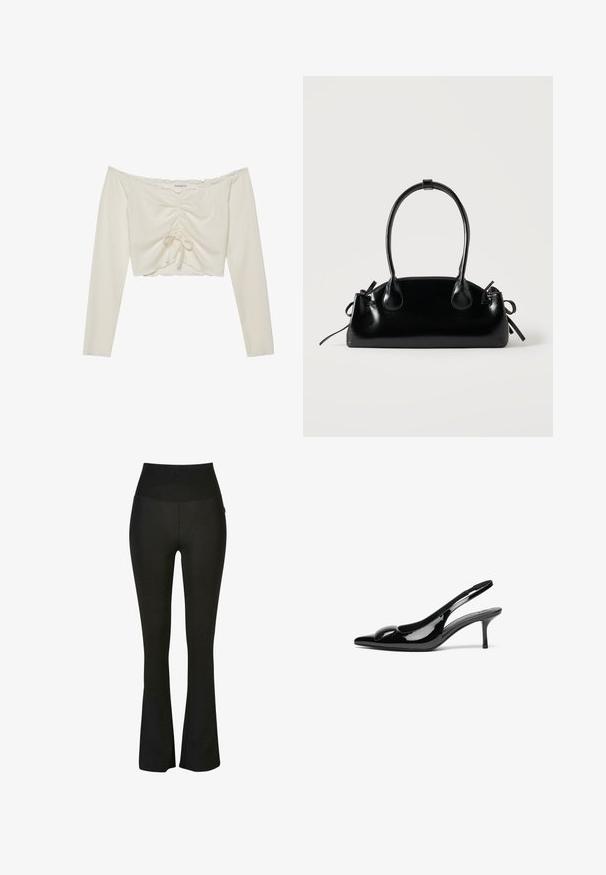 Top court à épaules dénudées en tissu crème côtelé, comportant un détail à cordon à l'avant et des manches longues avec des bords festonnés.; Leggings noirs évasés avec une taille haute, fabriqués à partir d'un matériau lisse et extensible. Présente une silhouette ajustée et des coutures discrètes.; Escarpins slingback en cuir verni noir avec un bout pointu et une finition brillante. Présente un talon fin et un accent arrondi au dessus du pied.; Petit sac à main noir brillant avec deux longues anses et des détails à cordon sur les côtés sur un fond clair uni.