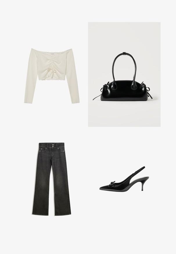 Crop top med off-the-shoulder design i ribbet cremefarvet stof, med snøre-detalje foran og lange ærmer med bølgede kanter.; Sorte denim bukser med bred benvidde og tætsiddende talje, med synlig syning, to forreste lommer og sølvhardware på knapperne.; Sorte patenterede læder slingback-sko med spids tå, lav hæl og en dekorativ sløjfedetalje på siden. Glat tekstur hele vejen igennem.; Lille sort blank håndtaske med to lange håndtag og snøre-detaljer i siden på en ensfarvet lys baggrund.