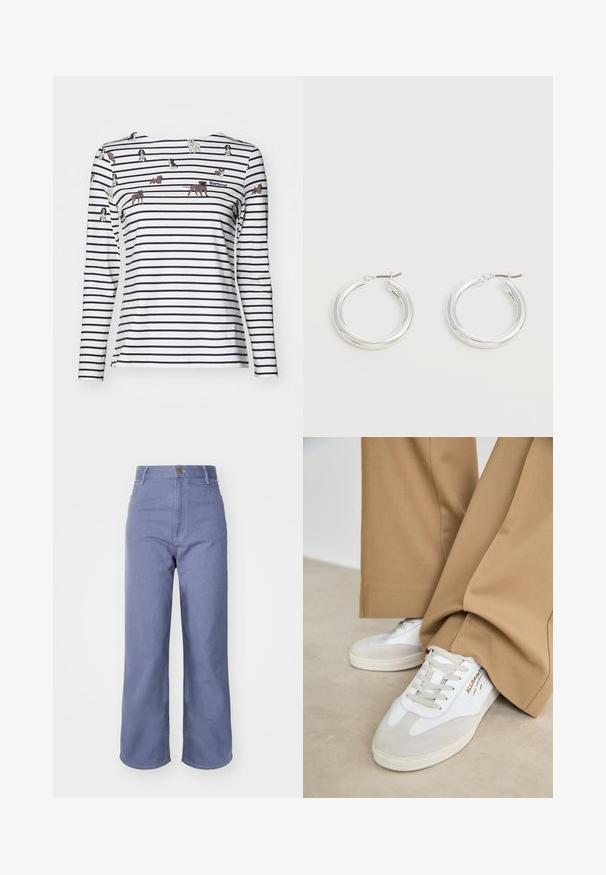 Barbour BRADLEY PRINT - Langarmshirt - multi-coloured; Hellblaue weite Jeans aus Denim, mit hoher Taille, Vorderknopfverschluss und sichtbaren Nähten an den Taschen und Nähten.; Weiße Sneakers mit Wildlederakzenten, strukturierten Schnürsenkeln und einer Gummisohle. Kombiniert mit lockeren, sandfarbenen Hosen. Logo an der Seite angebracht.; Paar mittelgroße glänzende silberne Hoop-Ohrringe mit dünnen Metallverschlüssen auf hellem neutralem Hintergrund.