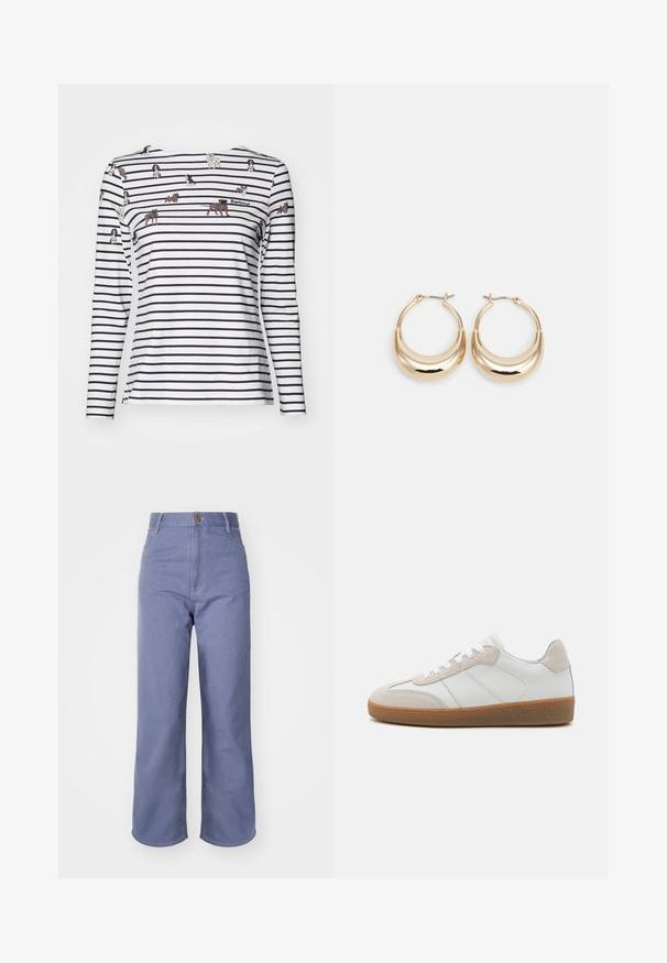 Barbour BRADLEY PRINT - Longsleeve - multi-coloured; Lichtblauwe wijd-uitlopende jeans van denim, met een hoge taille, sluiting met voorknop en zichtbare stiksels op de zakken en naden.; Witte leren sneakers met beige suède accenten, een gestructureerde tong en een rubberen zool. Voorzien van witte veters en subtiele gestikte details.; Gouden hoepel oorbellen met een halve maan vorm, gepolijste oppervlakte en scharnier sluiting. De gladde textuur en weerspiegelende afwerking vergroten de zichtbaarheid.