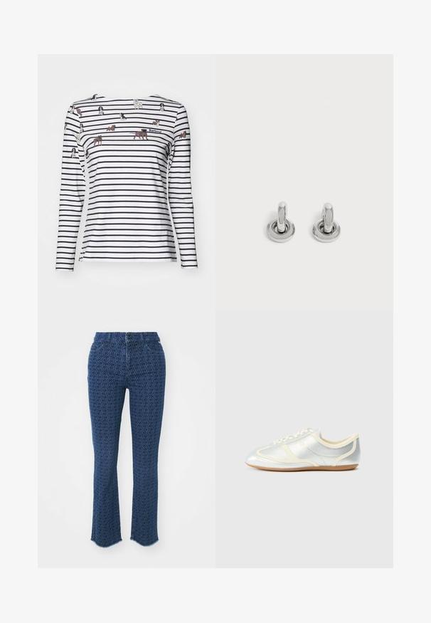 Barbour BRADLEY PRINT - Longsleeve - multi-coloured; Donkerblauwe jeans met een herhaald cirkelpatroon, rechte pijpen, rafelige zomen en een traditionele vijf-pocketontwerp, met een sluiting aan de voorkant met knoop.; Zilverkleurige synthetische sneakers met crème accenten, laag profiel, afgeronde neus en platte rubberen zool; voorzien van klassieke stiksels en vetersluiting.; Een paar kleine, glanzende zilveren creolen met een ronde basis, afgebeeld op een effen lichte achtergrond.