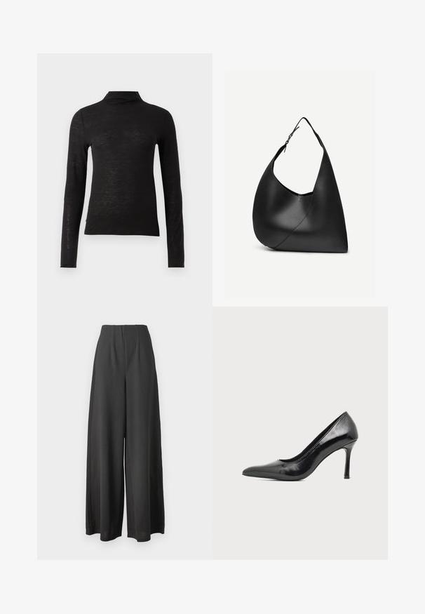 Sort langærmet turtleneck top lavet af et struktureret materiale, med en tætsiddende pasform og minimalistisk design uden synlige mønstre eller metaldele.; Sorte vide bukser lavet af et glat stof, med høj talje og plisseret design for ekstra struktur og dybde.; Sort laklæder damestilet med spids tå og slank hæl på en ensartet lys baggrund.; Sort læder skuldertaske med buet trekantet form, enkelt justerbart rem og synlig diagonal søm foran.