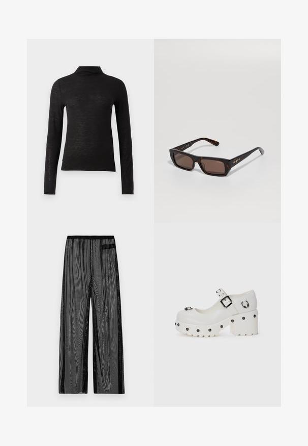 Musta pitkähihaisen poolopaita, joka on valmistettu teksturoidusta materiaalista. Se on slim fit -leikkauksella ja minimalistisella muotoilulla ilman näkyviä kuvioita tai varusteita.; Mustat verkkomaiset housut, joissa on leveät lahkeet, musta elastinen vyötärö ja sivutaskut. Joustava, kevyt kangas.; Valkoiset platform-kengät, joissa on pyöreä varvas, soljella kiinnitettävä hihna ja pyöreitä niittejä. Rakennepohja, jossa on pieni korko ja koristeellisia metalliosia.; Suojalasit, jotka ovat suorakaiteen muotoiset, muotopohjaltansa tortoiseshell-kuosiset tummilla objektiiveilla ja kultaisella "vogue"-logolla temppeleissä, esillä vaaleaa taustaa vasten.
