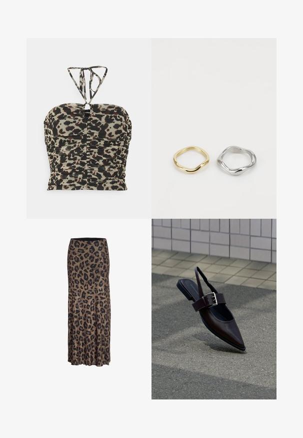 Even&Odd Topp - black/multi-coloured; Prindiga leopardimuster, pruun ja must, voolava disainiga, peene rippuvate äärtega, valmistatud kergest ja pehmest kangast.; Tumepruuni tooniga terava ninaga madala tallaga king, millel on lai rihm ja suur hõbedane pandel, maapinnal asfaldil, lähedal plaaditud seina.; Kaks rõngast on kujutatud: üks kuldne, sileda ja keerduva disainiga ning teine hõbedane sarnase keerduva kujuga, mõlemad valgel taustal.