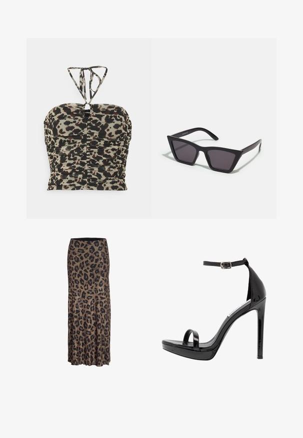 Even&Odd by Zalando Top - black/multi-coloured; Leopardprint nederdel i brune og sorte nuancer, med et flydende design og en subtil flæsekant, fremstillet af et let og blødt stof.; Steve Madden MILANO - Højhælede sandaletter / Højhælede sandaler - black; Sorte, kantede solbriller med grå linser; lavet af plast, med tykke stænger med en glat overflade og ingen synlig hardware.