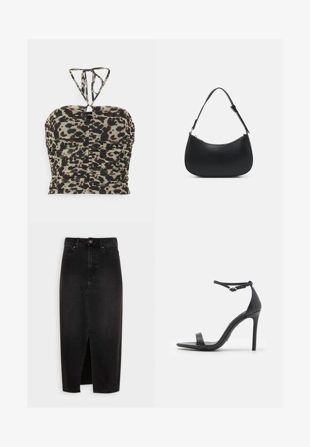 Even&Odd Top - black/multi-coloured; Sorte denimnederdel, knælængde, har en frontslids, standard taljebånd og kobberfarvet knapdetalje. Glat tekstur, klassisk design.; Sorte højhælede sandaler med åben tå, tynde stropper og spænde om anklen. Glat lædertekstur med spidse tådesign.; Pieces PCALUANA SHOULDER BAG - Håndtasker - black