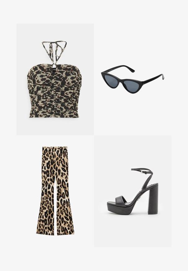 Even&Odd by Zalando Top - black/multi-coloured; Flared bukser med leopardprint i sort og brune nuancer, ribbet tekstur og høj talje design.; Sorte platform højhælede sandaler med åben tå, bred forreste rem og justerbar ankelrem. Glat læderfinish og chunky blokhæle.; Sorte katteøje solbriller med mørkegrå linser, slankt plastisk stel, spidse hjørner og lige stænger. Ingen synlig hardware eller dekorationer.