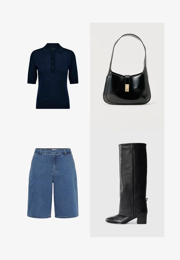 Tumesinine lühikeste varrukatega polo särk, millel on neli musta nuppu ja klassikaline krae, esitatud valgel taustal.; Sinised pesu denim lühikesed püksid klassikalise lõikega, viie taskuga ja kontrastõmblustega ühendustes. Keskmise kõrgusega vöökoht ja sirged sääred.; Mustad mustad, millel on sile viimistlus, ruudukujuline varvas, plokk-konts ja küljel vajalikud paela detailid reguleeritavaks sobivuseks.; Mustast läikivast nahast käekott ühe õlarihmaga ja keskse kuldse tooniga ristkülikukujulise kinnitusdetailiga ühevärvilisel heledal taustal.